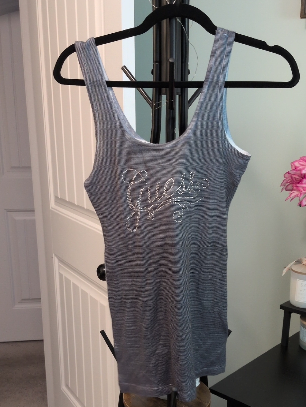 Vintage GUESS Gray Striped Rhinestone Logo Tank Top